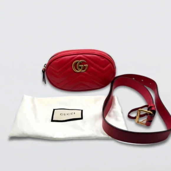 Gucci Marmont Oval Belt Bag Interlocking GG Quilted Leather Red Small 75 cm - Picture 4 of 16